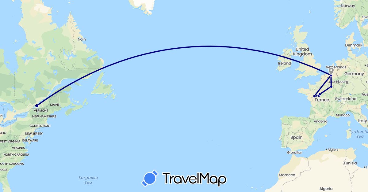TravelMap itinerary: driving, plane in Belgium, Canada, France (Europe, North America)